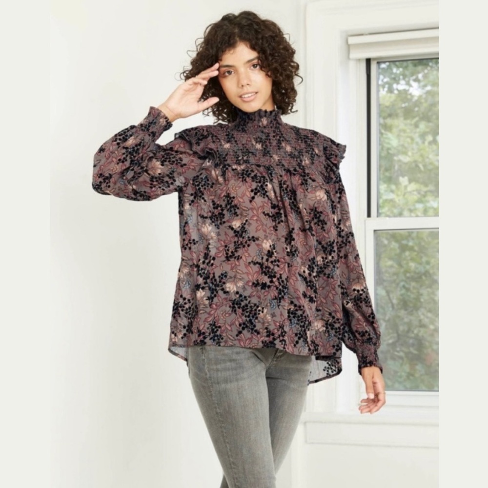 Knox Rose Women’s Taupe Floral Ruffled Long Sleeve Blouse - NWT